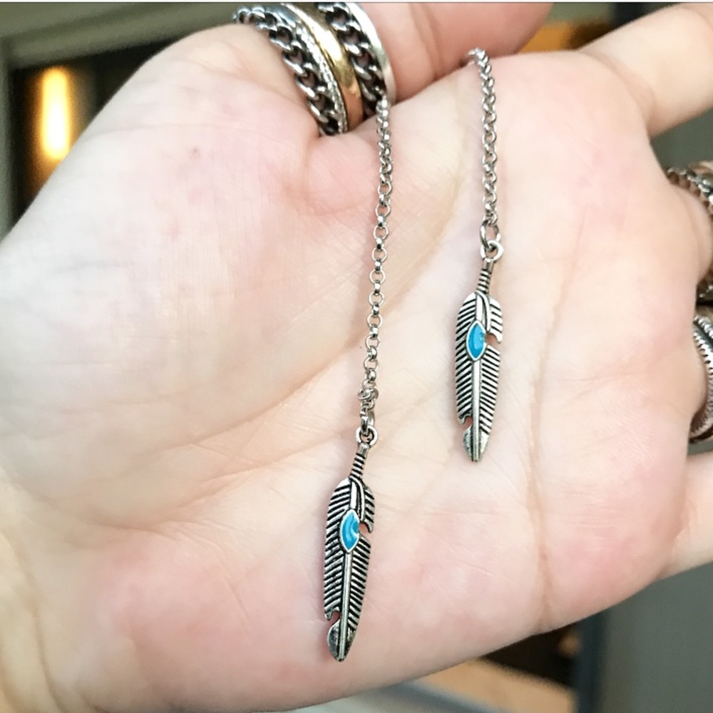 🔴SALE ! Asymmetrical silver feather boho earrings - Picture 7 of 9